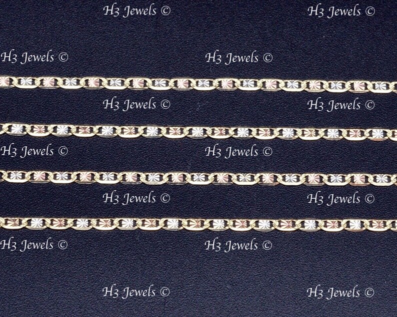 May include: Six rows of gold chains with a repeating pattern of oval links and star-shaped accents. The chains are in three colors: yellow, white, and rose gold. The text "H3 Jewels" appears at the top and bottom of the image.