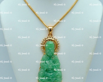 18k Yellow gold Natural Diamond and Quan Yin  Jade pendant 1.25 ct