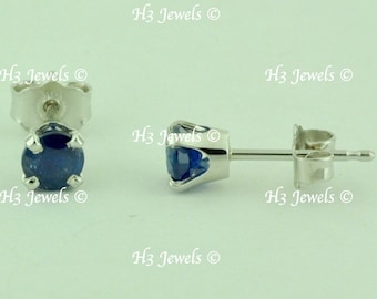 Real 14k White gold Stud earring Round Natural Blue Sapphire earring 0.75 ct carats September Birthstone