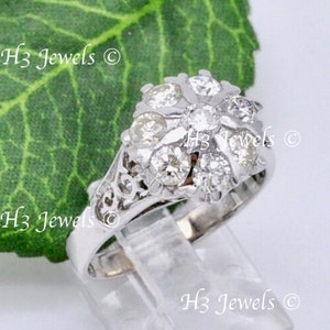 14k Solid White Gold ladies Natural Diamond Ring Cluster 0.95 ct Vintage Antique