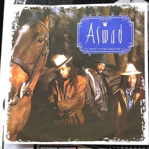 Puede incluir: Una portada de disco de vinilo con una foto de tres hombres con sombreros y chaquetas de pie frente a un caballo marrón. El título del álbum es "Aswad" con el título de la canción "Don't Turn Around" debajo.