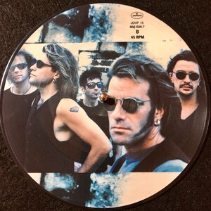 May include: A black and white vinyl record with a photo of a band on the label. The band members are wearing sunglasses and have a rock and roll look. The label text reads "JOVP 15 856 638-7 B 45 RPM".