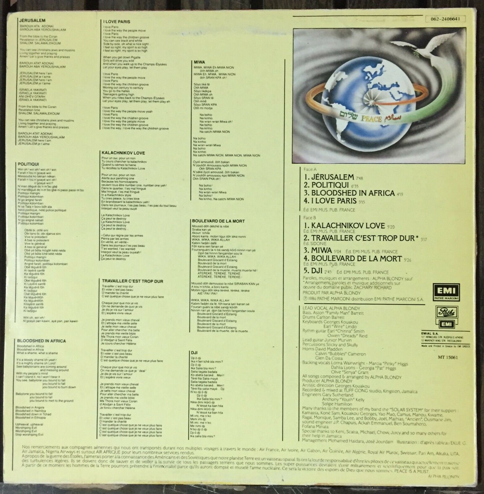 Alpha Blondy Travailler C Est Trop Dur Parole 1986 Alpha Blondy And The Wailers Jérusalem Vinyl LP Album - Etsy France