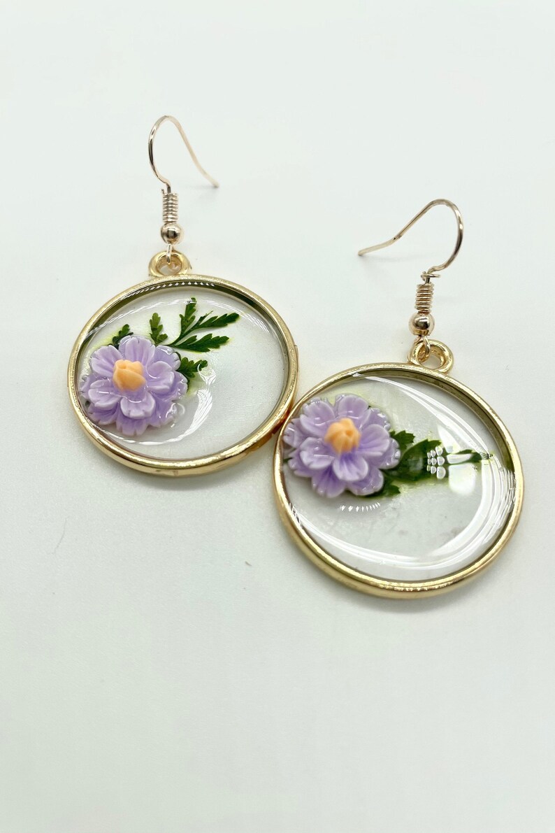 Gold Flower Hoop Earrings Gift for her Handmade Drop and Dangle Earrings Mother/'s Day gift Purple Earrings Resin Jewelry