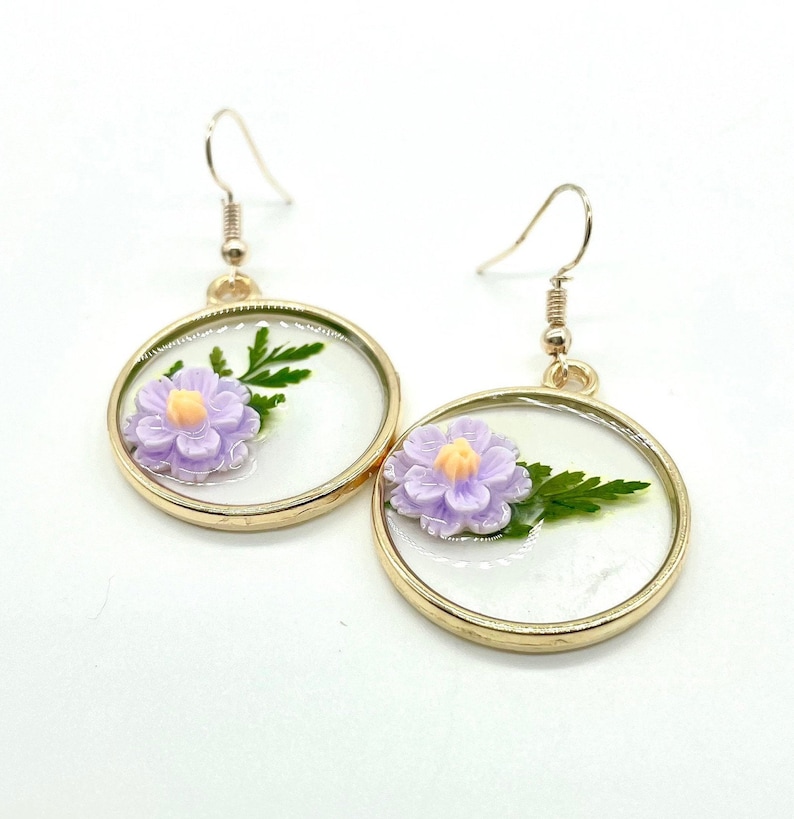 Gold Flower Hoop Earrings Gift for her Handmade Drop and Dangle Earrings Mother/'s Day gift Purple Earrings Resin Jewelry