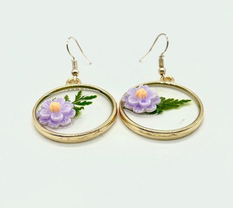 Gold Flower Hoop Earrings Gift for her Handmade Drop and Dangle Earrings Mother/'s Day gift Purple Earrings Resin Jewelry