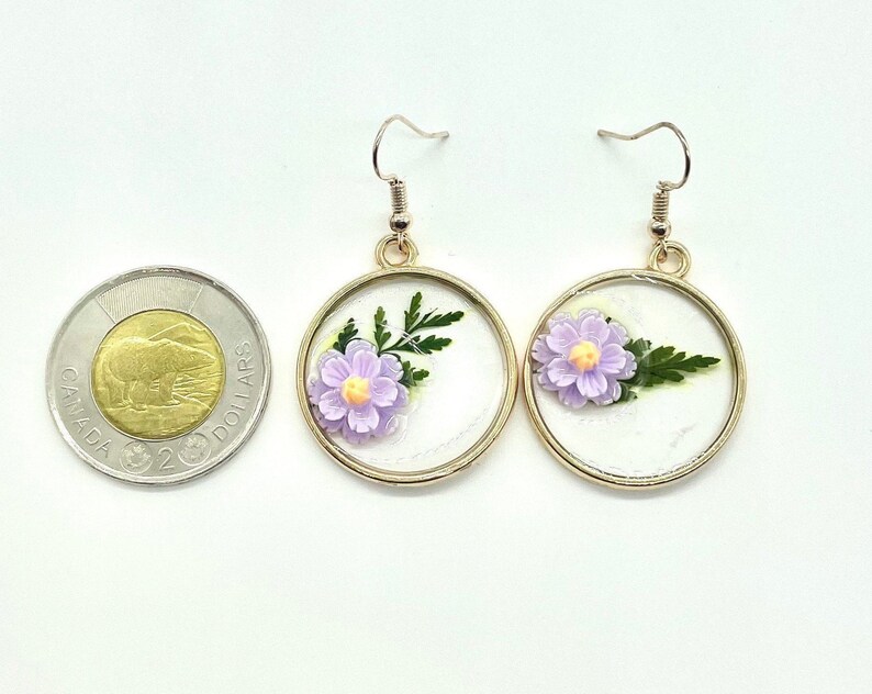 Gold Flower Hoop Earrings Gift for her Handmade Drop and Dangle Earrings Mother/'s Day gift Purple Earrings Resin Jewelry