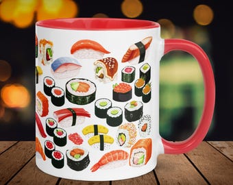 Sushi Coffee Mug, Sushi Art Mug, Sushi Mug Gift, Sushi Lover Mug, Colorful Sushi Coffee Cup, Salmon Sushi Cup, Sushi Lover Gift, Sushi Gift