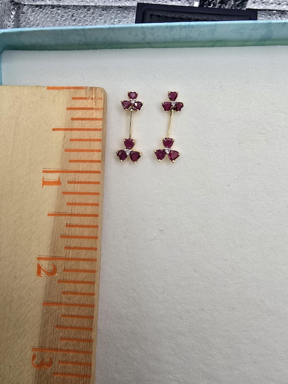 Heart cluster ruby dangle earrings with diamond a… - image 3