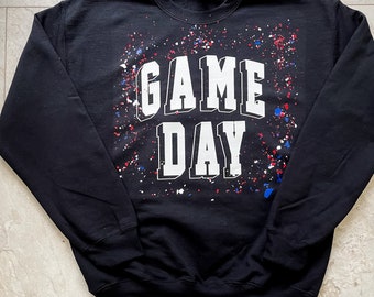 Game Day Confetti Crew,  black unisex Crewneck Sweatshirt with red, white and blue confetti, Buffalo Football sweater