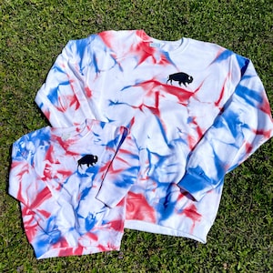 Buffalo Football red and blue splatter dyed unisex crewneck Tie dyed sweatshirt