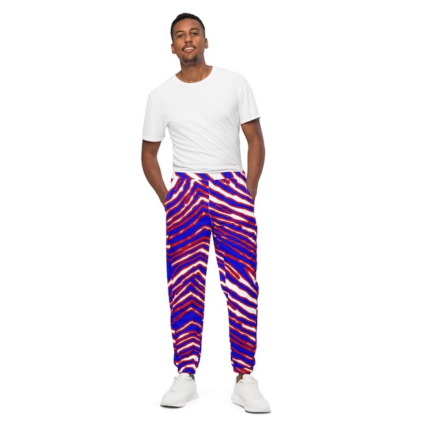 Buffalo Zebra striped  Unisex track pants, red white and blue striped lightweight Buffalo Football pants, water resistant