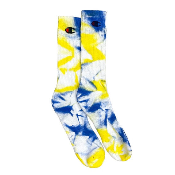 blue and yellow tie dye socks