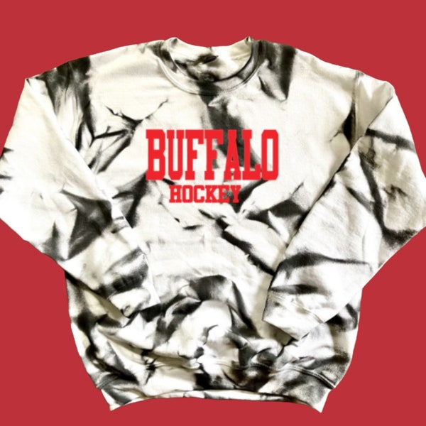 Black splatter dyed unisex crewneck red spray dye Buffalo hockey tie dye sweatshirt