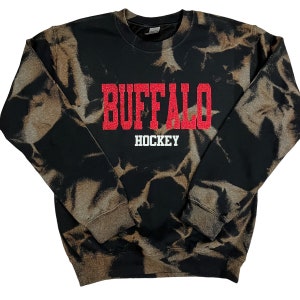 Black and red bleach reverse dyed unisex crewneck glitter Buffalo hockey bleached sweatshirt