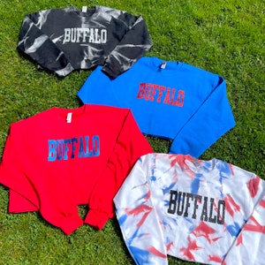 Buffalo Football Sparkle crop crewneck sweatshirt, red, black and blue glitter buffalo football crew, Glitter sweatshirt