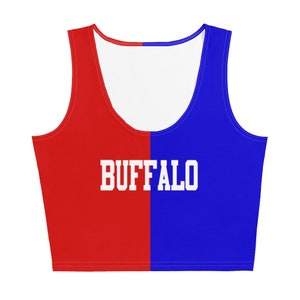Buffalo Football Half and Half Split Crop Top, Blue and Red Womens Tank Top