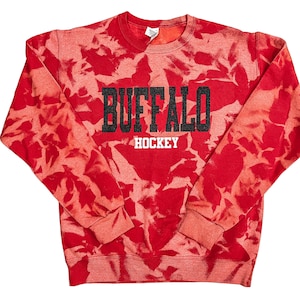 Red bleach reverse dyed unisex crewneck black glitter Buffalo hockey bleached sweatshirt