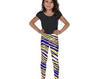 Buffalo Hockey Kid's Leggings, blue and yellow striped LA Football youth leggings, Los Angeles