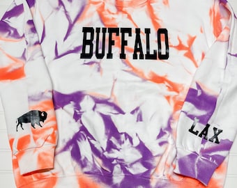 Buffalo Lacrosse orange and purple splatter dyed unisex crewneck Tie dyed lax sweatshirt youth or adult sizing