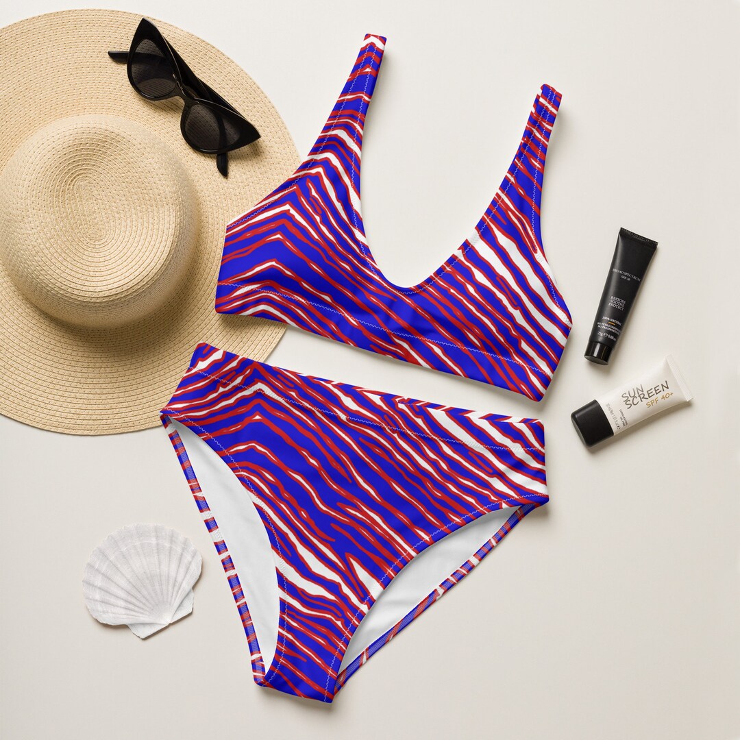 Buffalo Football Zebra Striped Highwaisted Bikini, Red and Blue Two