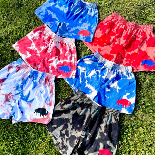 Buffalo Football athletic bleached shorts, roll up waistband tie dye shorts, reverse dyed shorts