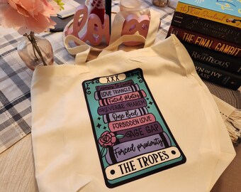 Romance Book Tropes, Tote bag, bookosh tote.bag, bookish, enemies to lovers, small town romance, second chance, bookstack, dark Romance,