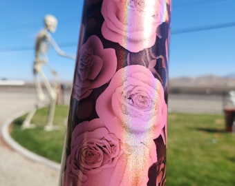 Black and pink floral, holographic tumbler, skinny tumbler, monochrome, gift idea for her, Christmas, Skinny tumbler,