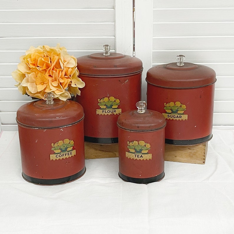 Beautiful Vintage Red Canister Set with Glass Knobs/ Kitchen Etsy