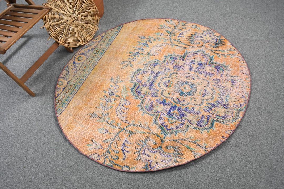 4.5 x 4.5フィートのラウンドラグ、ヴィンテージトルコラグ、手織り