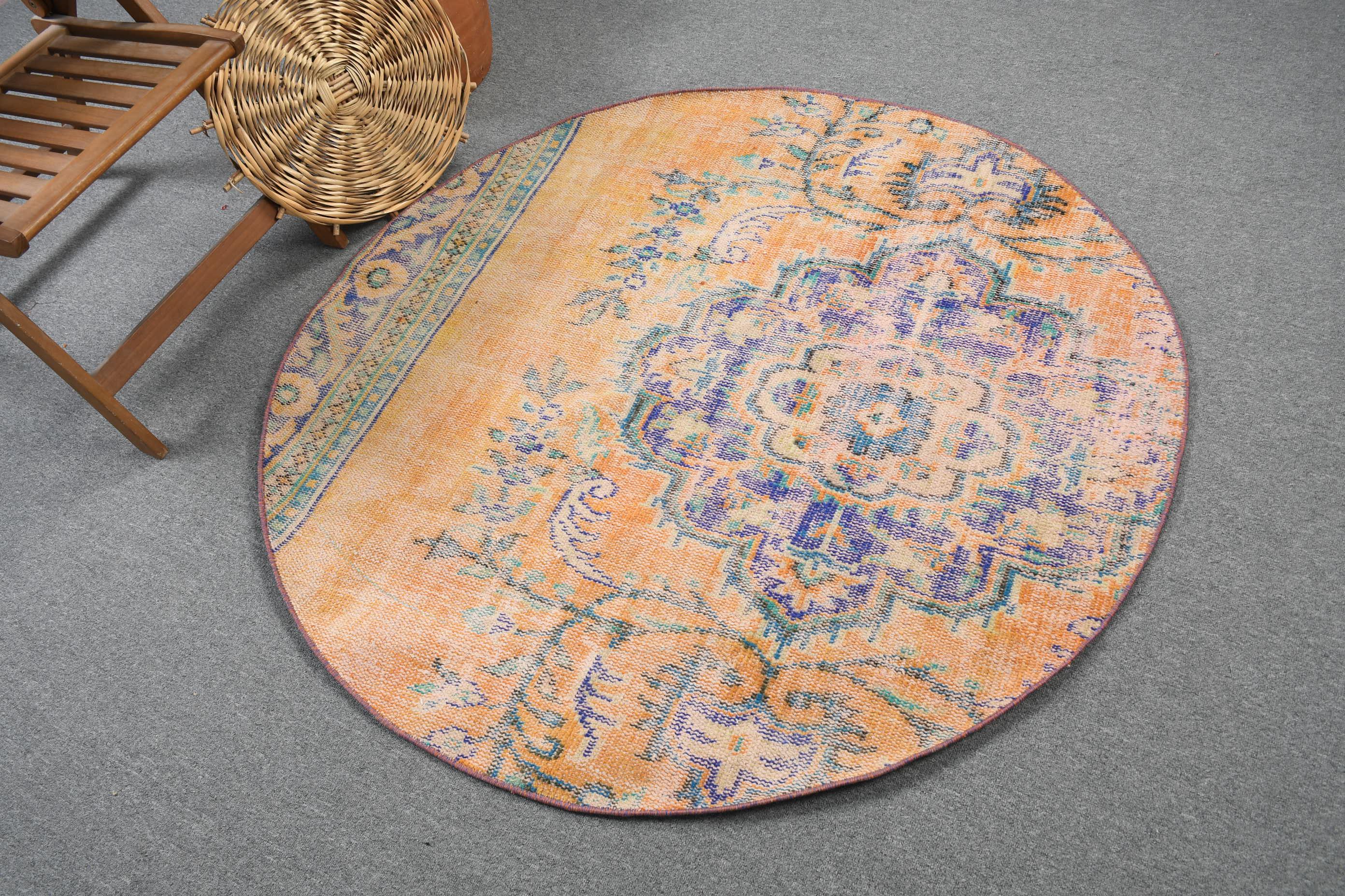 4.5 x 4.5フィートのラウンドラグ、ヴィンテージトルコラグ、手織り