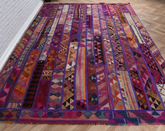Vintage Rug, Patchwork Herki Rug, 7x11 ft Large Rug, Turkish Rug, Anatolian Rug, Rugs For Bedroom, 6.8x10.1 ft Pink Rug, Large Wool Rugs,