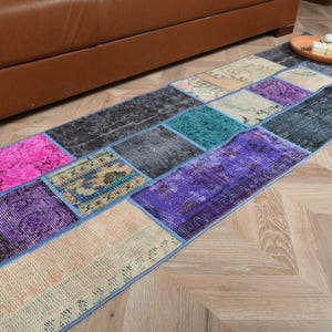 Turkish Rug, Runner 2x6.7 ft Vintage Rug, Purple Patchwork Wool Rug