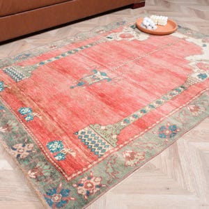 May include: A rectangular area rug featuring a vibrant coral red center field with a central medallion and a wide sage green border. The rug is decorated with intricate floral and geometric motifs in shades of cream, blue, and muted green throughout.