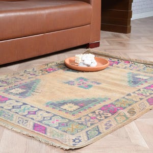 Vintage Turkish Door Mat, 3x4ft, Handwoven Kilim Rug, Colorful Geometric Pattern, Rustic Home Decor