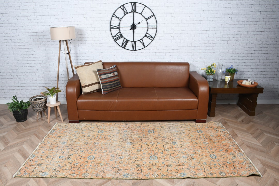 Vintage Rug Turkish Area Antique Rugs for Living Room 3.9x7.8 Ft Yellow