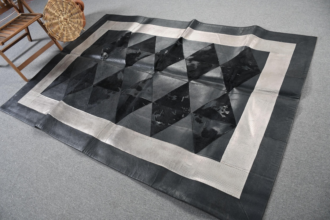 166x231 Cm Leather Rug, Large Geometric Rug, Luxury Black Rug, Home ...