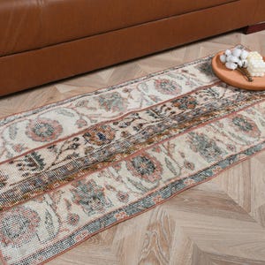 Turkish Rug Small Vintage Runner, Handmade Antique Carpet, Boho Entry Bathroom, 2x4 ft, Beige Anatolian Tribal Decor
