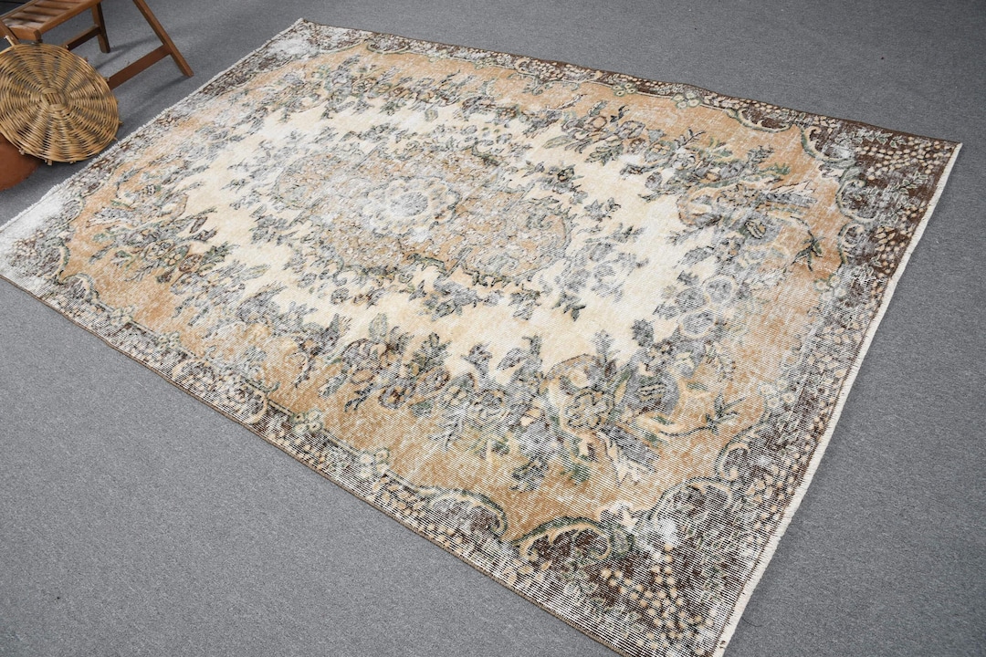 Vintage Large Rug 5.4x8.6 Ft (165x262 Cm), Brown Bordered Turkish Rug ...
