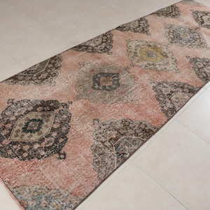 Vintage Turkish Rug, Hallway Runner, 3x11 ft, Handmade Oushak Style, Antique Look, Pink and Brown Rug, Unique Home Decor