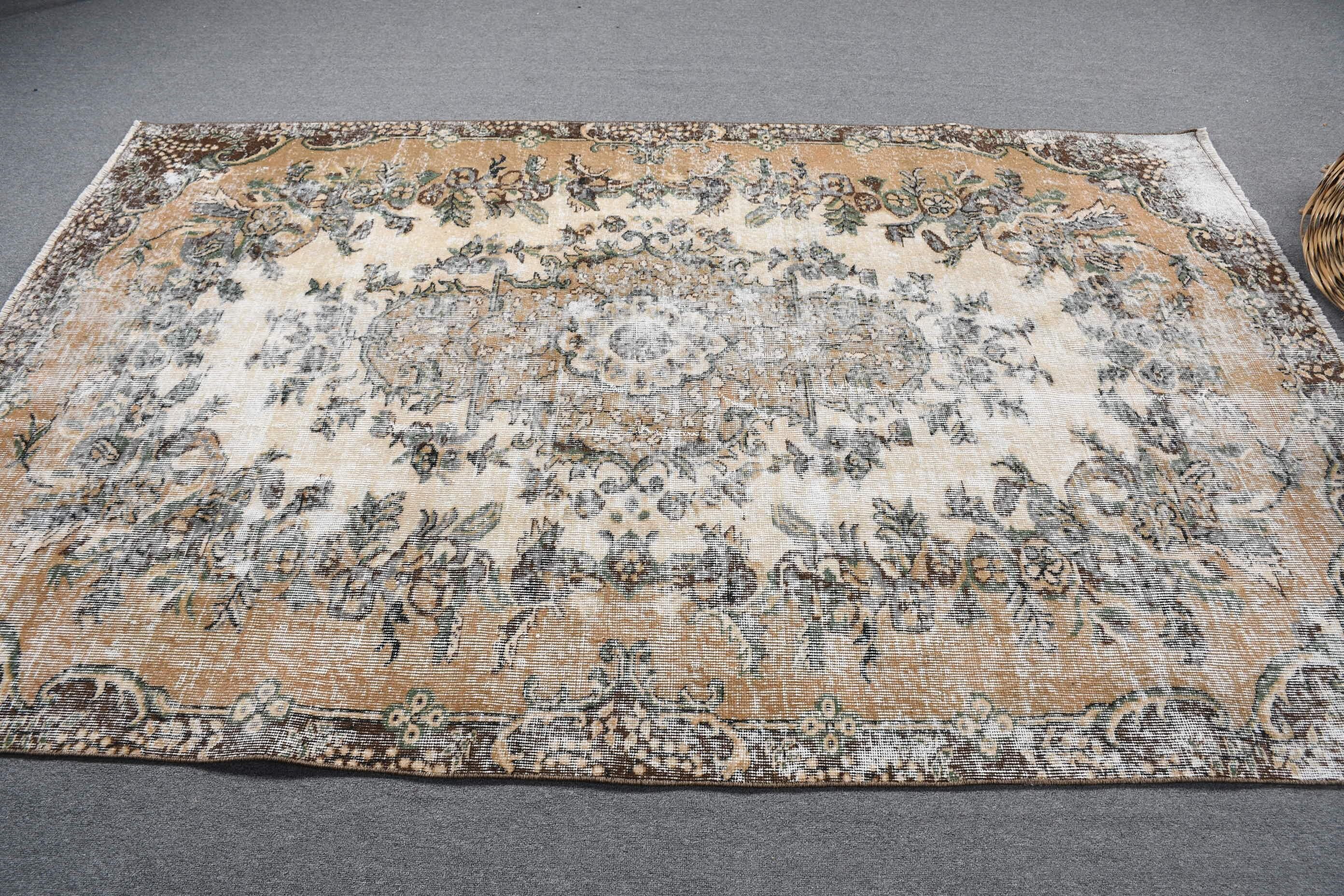 Vintage Large Rug 5.4x8.6 Ft (165x262 Cm), Brown Bordered Turkish Rug ...