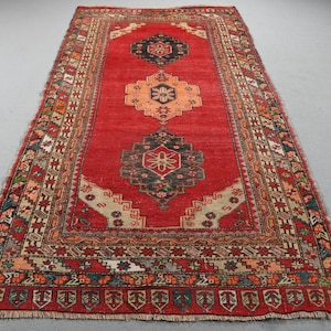 Vintage Rug, Large Rug, Turkish Rug, Anatolian Rug, Rugs For Dining Room, 4.9x9.8 ft Red Rug, Turkish Rug With Geometric Patterns, Wool Rug,