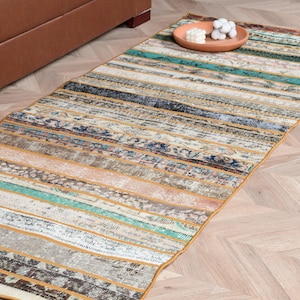 Vintage Turkish Runner Rug, 3x7ft, Colorful Striped Design, Bohemian Home Decor, Multicolor Handmade Carpet