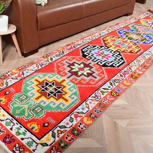 Vintage Turkish Runner Rug, Colorful Geometric Patterns, 3x11ft, Handwoven, Bohemian Area Decor, Unique Home Accent