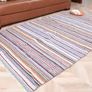 Striped Turkish Kilim, 4x7ft Area Rug, Vintage Kilim for Living Room, Rainbow Kilim, Anatolian Rug, Handmade Kitchen Rug