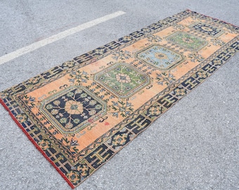 4x10.8 ft Rug, Vintage Turkish Rug, Blue Oriental Rug