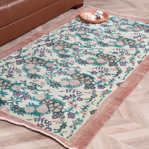 Vintage Rug, Turkish Rug, Area Rug, Anatolian Rug, Rugs For Bedroom, 3.7x6.8 ft Brown Rug, Wool Rug, Floral Oushak Rug, Gift For Him,  7748