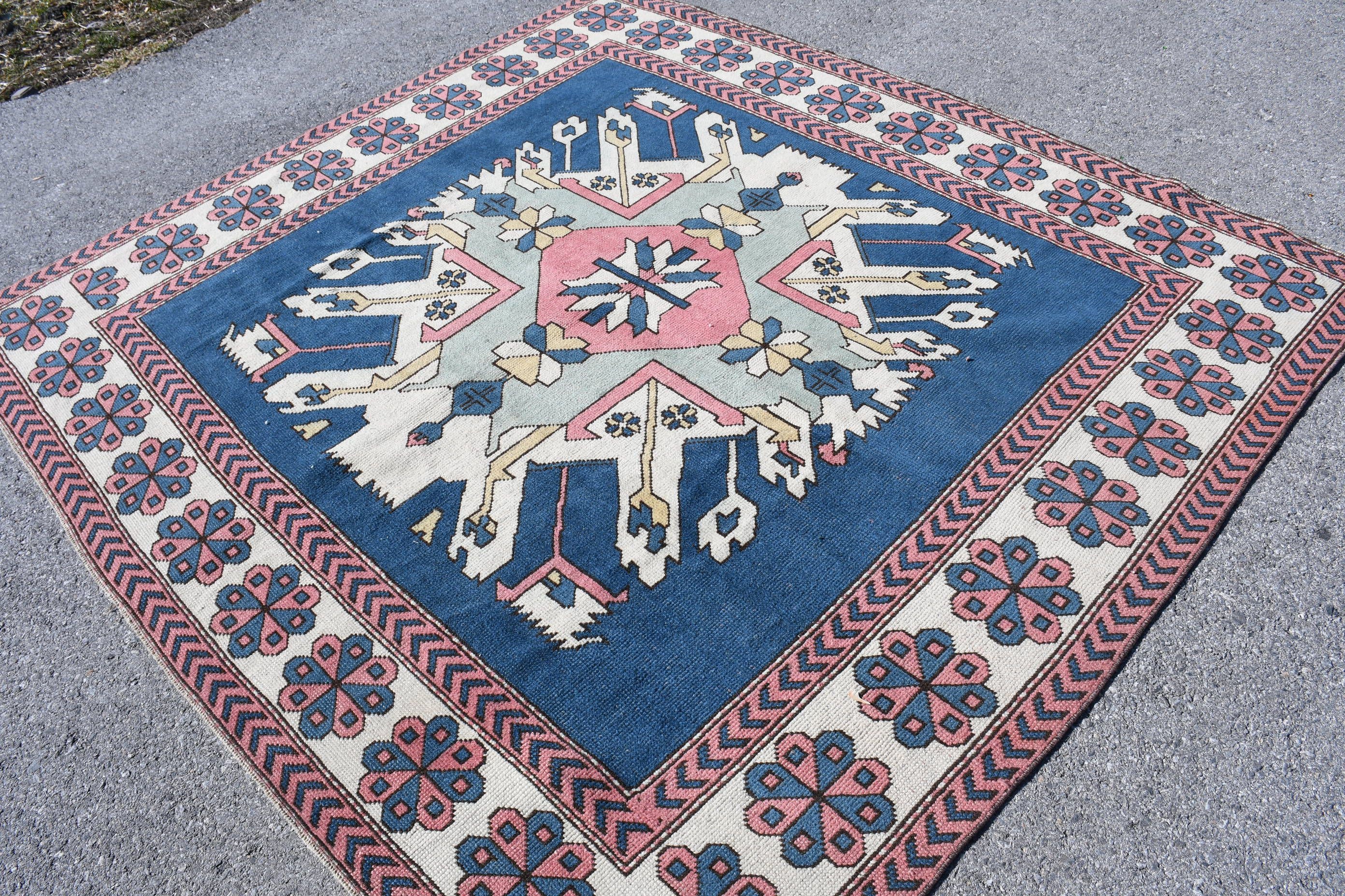 Tapis Vintage, Tapis Turc, Grand Tapis, Antique, Bleu 85x79 Pouces, de Salon Tissé à La Main, Décora