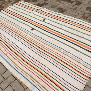 Colorful Striped Turkish Rug, Handmade Authentic Kilim, 5x8ft Area Rug, Vibrant Multicolor Design, Living Room Decor