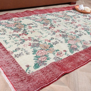 Turkish Rug, Accent Rugs, Vintage Rug, Antique Rug, Rugs For Kitchen, 3.8x6.3 ft Green Rug, Floral Oushak Rug, Gift For The Home,  7889